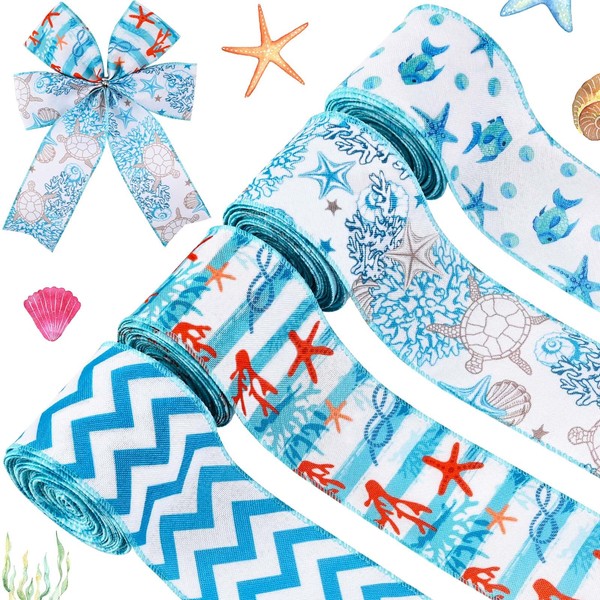 4Rolls 20 Yards Ocean Themed Wired Edge Ribbon Blue Coral