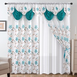 Petrichor Embroidered Sheer Curtain 2 Panels Set - Luxury Window Curtain Attached Valance with Satin Backing and 2 Tie Backs for Living Room,Dining Room, 54x63 inches, Turquoise