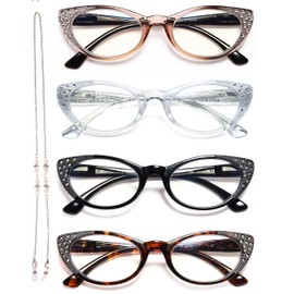 EYEURL 4-Pack Cat Eye Reading Glasses for Women Blue Light Glasses Fashion Computer Readers with Spring Hinge Anti-Glare Readers for Women 1.75