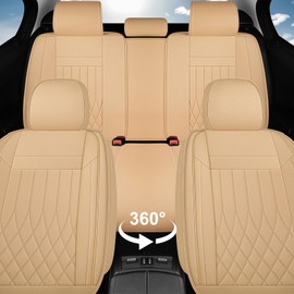 FaiFani Car Seat Covers Full Set, Faux Leather Seat Covers, Car Seat Protectors Waterproof, Anti-Slip Automotive Seat Covers Fit for Most Cars SUVs Mid-Size Trucks, Beige