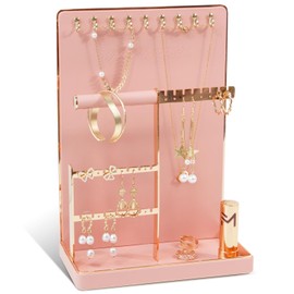 KAMIER Jewelry Organizers and Storage Stand - 4-Tier Cute Earring Holder Organizer Necklace Storage with 10 Hooks - Small Aesthetic Jewelry Tower Rack Tree for Women Girls, Pink