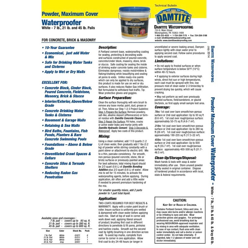 DAMTITE Waterproofing 01211 Maximum Coverage White Powder Waterproofer, 21 lb,