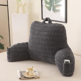 PAJEO Reading Pillow for Sitting in Bed,Adult Corduroy Back Support Pillow,Backrest Pillow for Sitting Up with Extend Arms,Pockets,Husband Chair Pillow