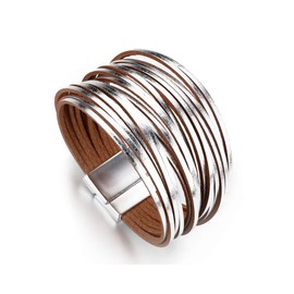 Fesciory Leather Wrap Bracelets for Women, Boho Leopard Multi-Layer Crystal Beads Cuff Bracelet Jewelry (Short Silver)