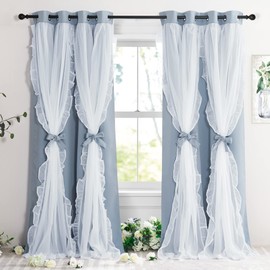 PONY DANCE Ruffle Curtains Double Layers Sheer Overlay Elegant Decoration for French Country Rustic Design Window Covering with Tiebacks, 52" Wide x 84" Long, Pigeon Blue, 2 Panels