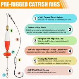 SILANON Catfish Rigs, Catfishing Tackle with Catfish Rattles Beads Peg Floats, 6/0 & 8/0 Circle Hooks, 6pcs