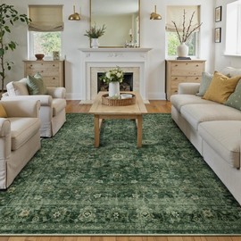 WondRg 6x9 Washable Dark Green Vintage Area Rug for Living Room Bedroom Distressed Rustic Carpet Non-Slip Low Pile Lightweight Vacuumable Soft Throw Rug for Indoor Dining Room Office