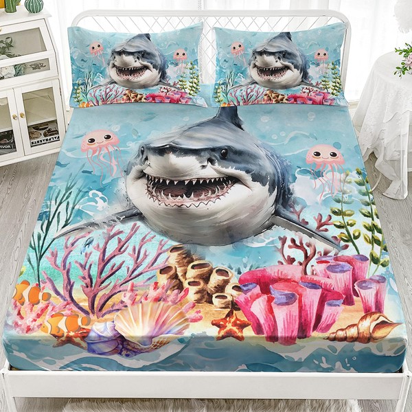 AILONEN Shark Fitted Sheet Sets Twin XL Size,3D Printed Ocean