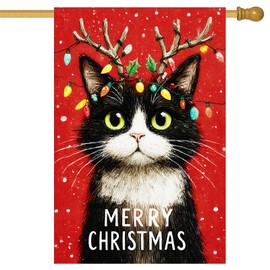 BlissYard Merry Christmas Garden Flag Black and White Cat Wooden Reindeer Antlers 28 x 40 Inch Double Sided Large Yard Banners for Cat Lovers Porch Home Outdoor Winter Holiday Pet Decor