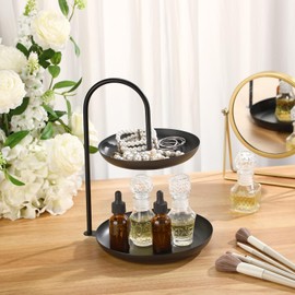 Maxcheck 2 Pcs Necklace Display Stand 2 Tier Jewelry Holder Tabletop Jewelry Organizer Tower with Round Storage Tray Jewelry Organizer Tower for Bracelets Necklaces Earrings Makeups(Black)