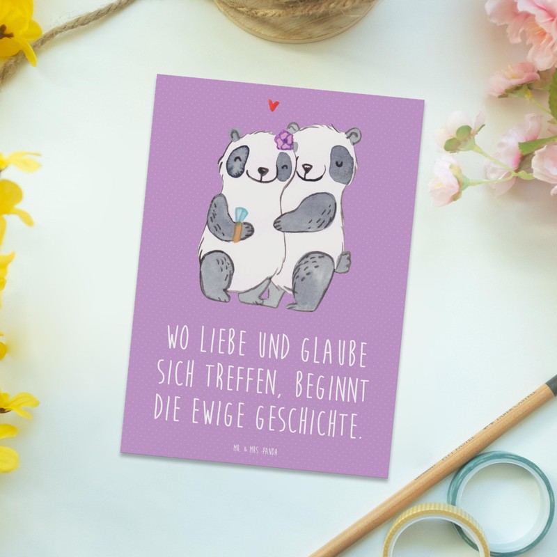 Mr. & Mrs. Panda Postkarte Kirchliche Trauung Liebe Glaube -