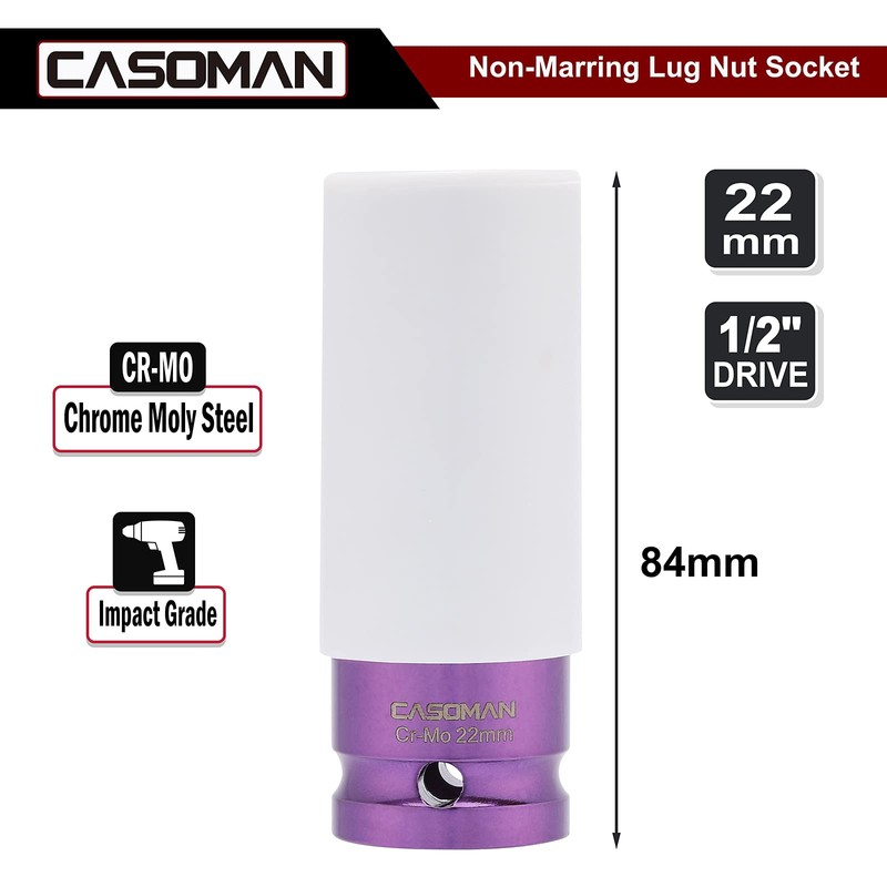 CASOMAN 1/2-Inch Drive x 22mm Non-Marring Impact Lug Nut Socket,