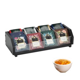 Tea Bag Storage Organizer, Natural Wood and Clear Acrylic, 4-Section Chest, 13.5x4.9x3.1 Inch, 80 Bag Capacity (Black)