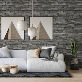 Abyssaly Dark Grey Stone Brick Wallpaper Peel and Stick Backsplash Self-Adhesive Removable Contact Paper Stick on Wall Panels Faux 3D Stone Look Brick Shelf Paper Home Decorations 17.71" X 393.7"