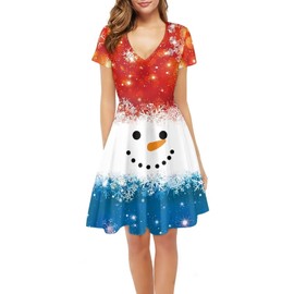 Xpyiqun Christmas Dresses for Women Snowman Short Sleeve Midi Dress Snowflake Xmas Party Costume A-line Dance Dresses Casual Sundress Swim Wear Cover Up Fall Outfits