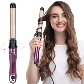 Auto Rotating Hair Curler with LED Display, 1.1 Inch Nano-Titanium Barrel, Anti-Scald & Anti-Tangle Design, Adjustable Temperature, Fast Heating, Dual Voltage, Purple