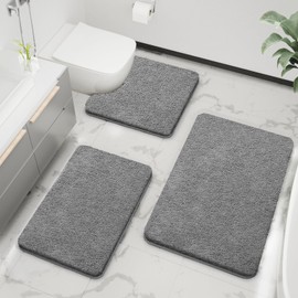 Bathroom Rugs Set 3 Piece Soft Absorbent Bath Rugs, Microfiber Bath Mats and U-Shaped Contour Toilet Rug with Non-Slip Rubber Backing Bathroom Mats Set Thick Floor Mat, Bathroom Set for Bathroom, Grey