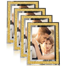 Egofine 4x6 Picture Frames Set of 4, Glass Picture Frames Gold Crystal with Silver Edge Wedding Photo Frames for Tabletop Display Vertically or Horizontally