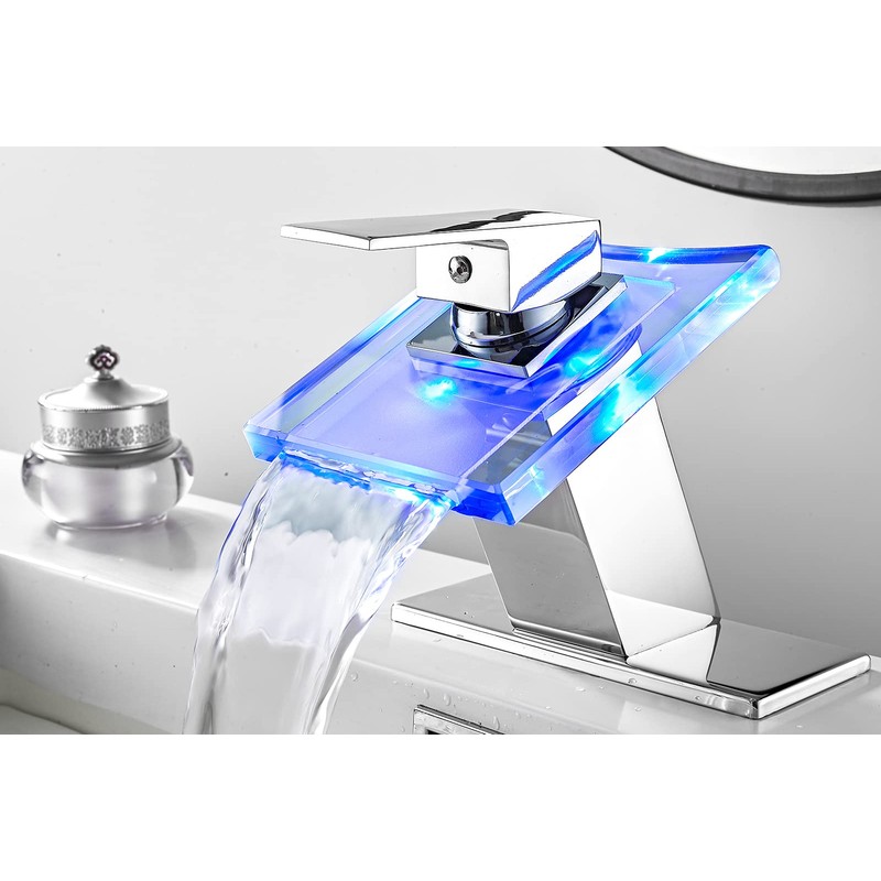 Bathroom Sink Faucet Waterfall Glass Spout LED Light 3 Colors