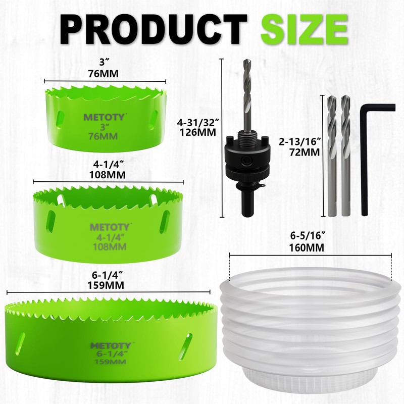 [8-in-1 Kit] Bi-Metal 3", 4-1/4", 6-1/4" Hole Saws + Drill