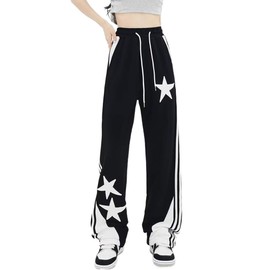 ZUNQKG Women's Y2K Sweatpants Star Stripes Patchwork Drawstring Waist Straight Leg Baggy Sweatpants with Pockets Black XL