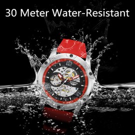 ZUNPAI Automatic Watches for Men Mechanical Movement Transparent Skeleton Tourbillon Self-Winding，46mm Large Dial Mens Watch Sport Rubber Band Silicone Strap Waterproof - Red