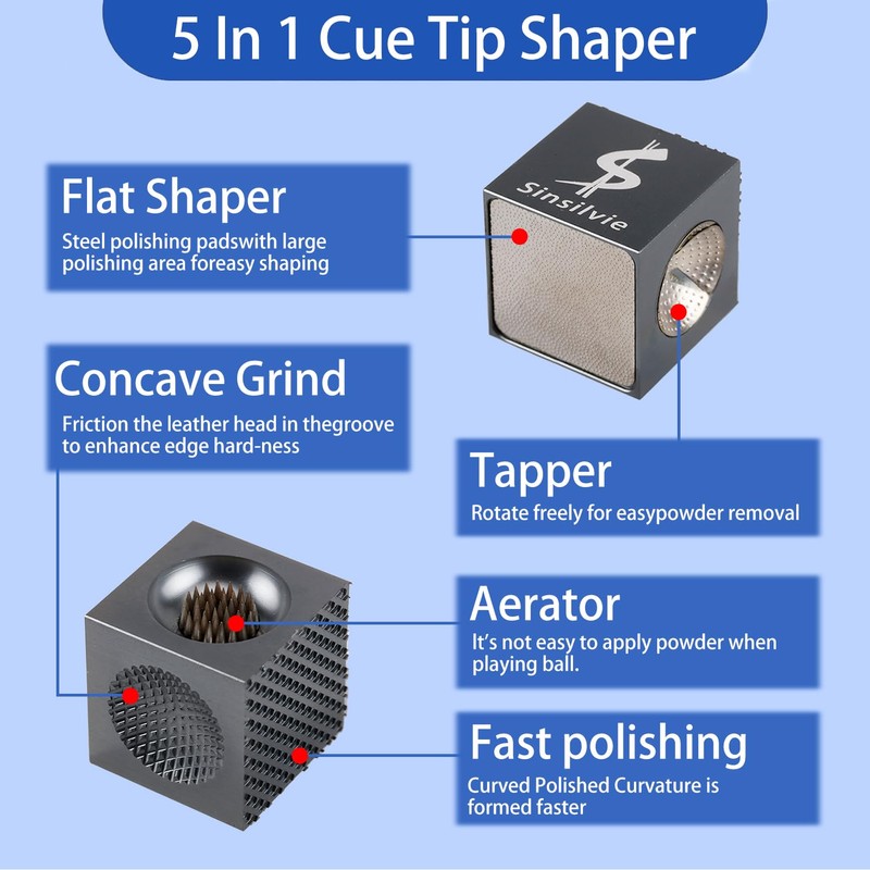 Sinsilvie Pool Cue Tip Shaper 5 in 1 Cue Tip