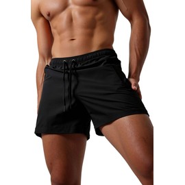 LUYIJIESHENG Men's Black Swim Trunks Quick Dry 5" Swimwear Bathing Suit with Zipper Pockets and Mesh Liner Swimsuit Board Shorts for Swimming Beach L