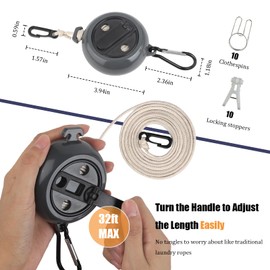 WEATAEDE 32Ft Portable Travel Clothesline Caudblor Adjustable Camping Clothes Laundry Drying Rope for Hotel Trip, Cruise, Outdoor/Indoor with 10 Windproof Clips, 10 Clothespins, 1 Storage Bag（Black）