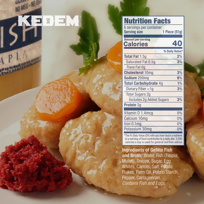 Kedem Tilapia Gefilte Fish 24oz (2 Pack), All Natural, Gluten
