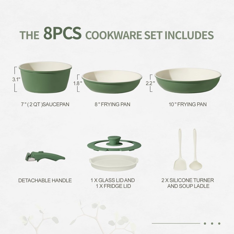 BECIGAR 8PCS Ceramic Cookware,Nonstick Ceramic Pan, Removable Handle Pots and