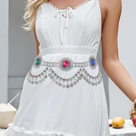 Navoky Boho Body Chain Silver Coin Pendant Waist Chains Belts Layered Tassel Belly Chains Flower Beach Waist Charm Jewelry Accessories for Women