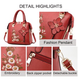 liuzhijiao Women Embroidered Satchel Top Handle Purses and Handbag Lightweight Totes Crossbody Shoulderbag for Lady,Red