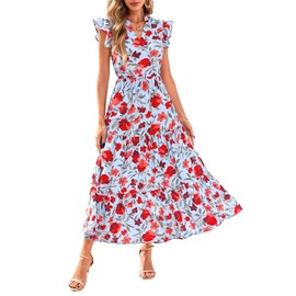 PRETTYGARDEN Women's 2025 Summer Floral Midi Dress Cap Sleeve V Neck Ruffle Long Flowy Boho Casual Beach Vacation Dresses (Floral Blue Red,XX-Large)