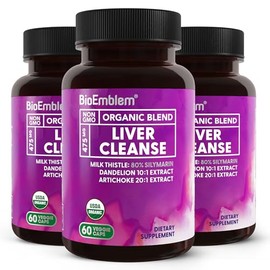 BioEmblem USDA Organic Liver Cleanse - 80% Silymarin Milk Thistle Extract for Liver Health and Liver Function with Dandelion & Artichoke Extracts - 100% Vegan, Non-GMO - Herbal Liver - 180 Capsules