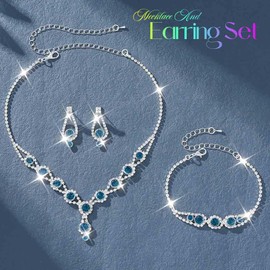 Unicra Silver Bridal Wedding Jewelry Set Rhinestone Necklace Earrings Bracelet Sets Formal Prom Costume Jewelry Sets for Women and Brides (Peacock Blue)