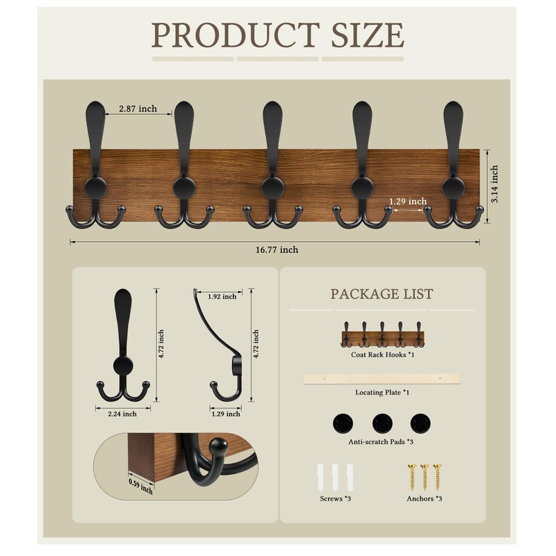 RELBRO Coat Rack Wall Mount, 16.7 Inch Wooden Wall Coat
