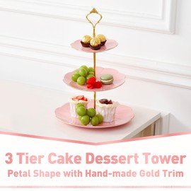 DUJUST Luxury Porcelain 3-Tier Cupcake Stand Tower, British Style Serving Tray with Golden Trim, Food Grade Dessert Display Stand, Beautiful Gift for Tea Party & Home Décor - Pink
