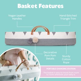 Vesta Baby Woven Cotton Rope Moses Changing Basket - Portable Infant Nursery Dresser Table Topper with Soft Foam Pad & 2 Washable Bamboo Waterproof Covers for Easy Diaper Change - Boho Gray & Beige