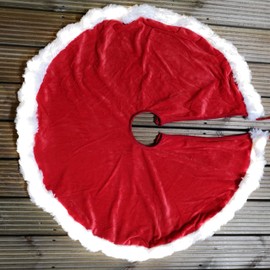 90cm LED Red Faux Fur Christmas Tree Skirt with White Trim
