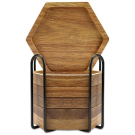 Unique Acacia Wood Coasters with Holder Decorative Wooden Coasters for Coffee Table Coaster Set of 6 Drink Coasters Cute Room Decor Accessories Bar Decoration Gift Cool Outdoor Cup Coasters