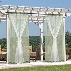 KYMRose Outdoor Sheer Curtains for Patio - 2 Layer Waterproof Voile Sheer and Breathable Mesh Net Privacy Added Light Filtering Curtain for Porch Yard Pergola, 2 Panels Olive Green 52W x 84L Inch