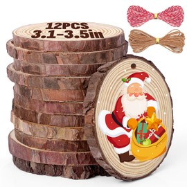 Unfinished Natural Wood Slices 3.1-3.5 Inch, 12PCS Round Wooden Discs with Tree Bark, Wood Rounds Predrilled with Hole, 20m Twine String for Crafts Christmas Ornaments, Wood Circles for Rustic Wedding