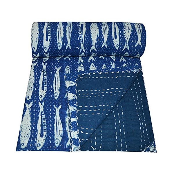 MAVISS HOMES Indian Hand Block Print Kantha Quilt Queen Size Quilt Kantha Bedspread White Quilt Cotton Kantha Throw Bedding (Blue 2, Twin 90 X 60 In)
