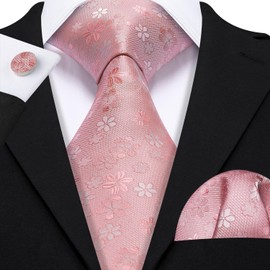 Barry.Wang Men Tie Set Floral Solid Pink Silk Necktie Pocket Square Cufflinks Formal Wedding Prom Party Business