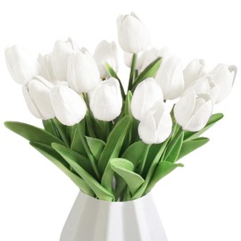 LYCBTC 20Pcs White Tulips Artificial Flowers, Real Touch Tulip Fake Flowers Spring Decor for Home Easter Decorations Wedding Bouquet Arrangement