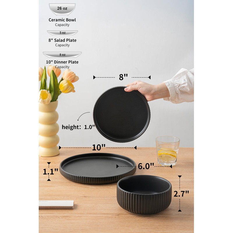 FOBENTA Modern Plates and Bowls Set for 6,18 Piece Black