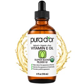 PURA DOR Organic Vitamin E Oil (4oz  118mL) 70,000 IU 100 Pure Natural USDA Organic For Skin Face Hexane Free wSweet Almond, Apricot, Jojoba, Argan,  
