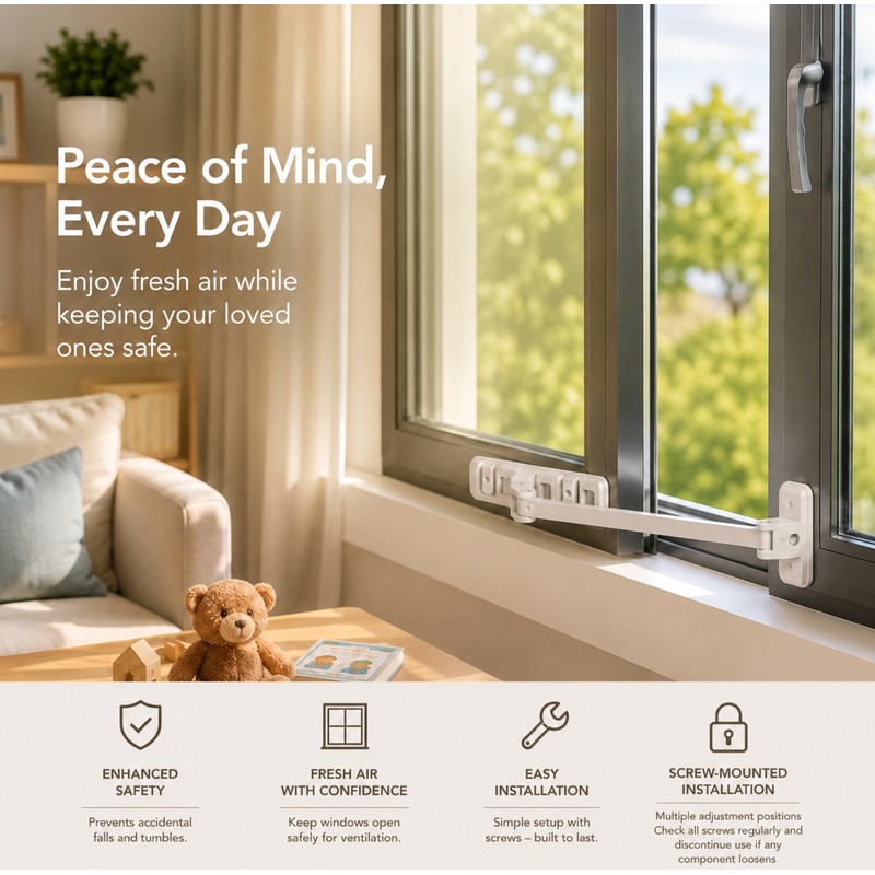 Adjustable Screw-Mount Window Opening Restrictor – Multi-Position Safety Limiter for