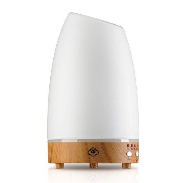 Serene House Ultrasonic Astro Aromatherapy Essential Oil Cool Mist Diffuser – 7-Color Calming Light Display with Timer Control, Automatic Shut-Off – White Glass Cover, Light Wood Base, 90ml